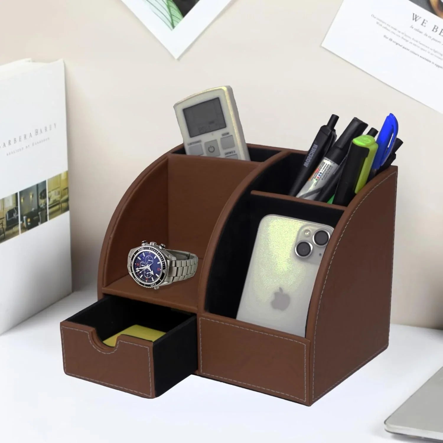 Leather Desk Organizer | Multi-Function Office Desk Organizer | Pen Stand for Office Desk