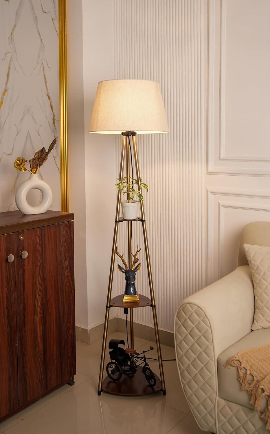 3 Shelves Floor Lamp Brass Antique Finish 5 Feet Height with 16” Diameter Off White Shade for Living Room, Bedroom and Home Decoration