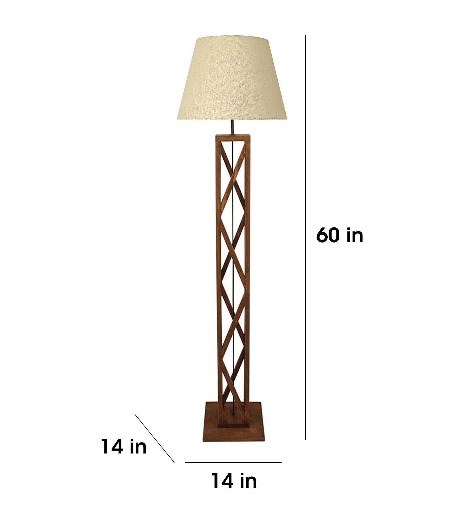 Symmetric Wooden Floor Lamp with Premium Beige Fabric Lampshade