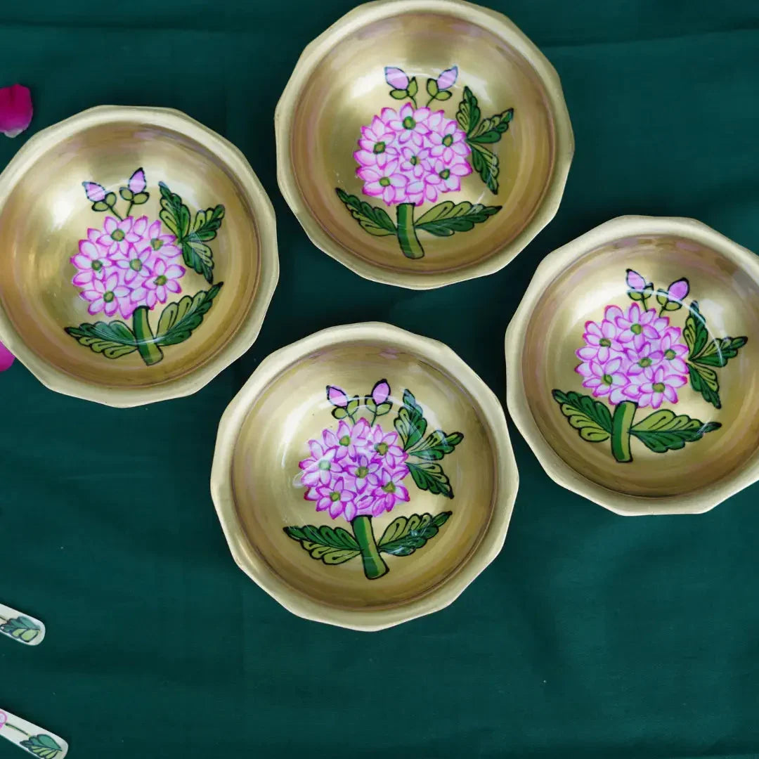 Handpainted Gulabi Bloom Brass Bowl | Festive Brass Serveware with Floral Design - Pack of 1
