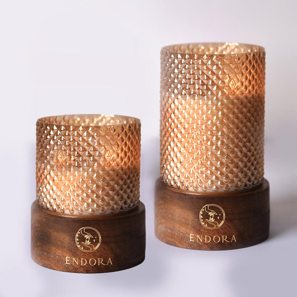 Diamond Cut Wooden Base Candle