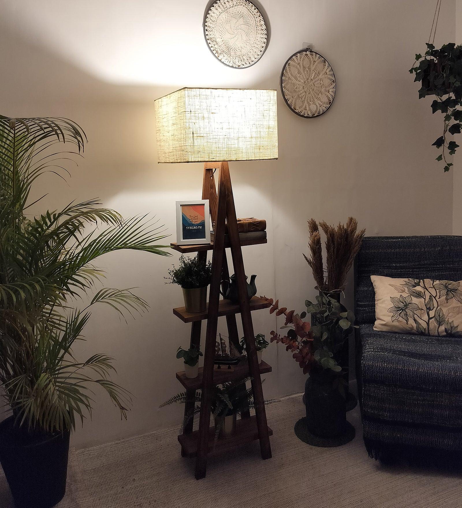 Louise Wooden Floor Lamp with Brown Base and Jute Fabric Lampshade