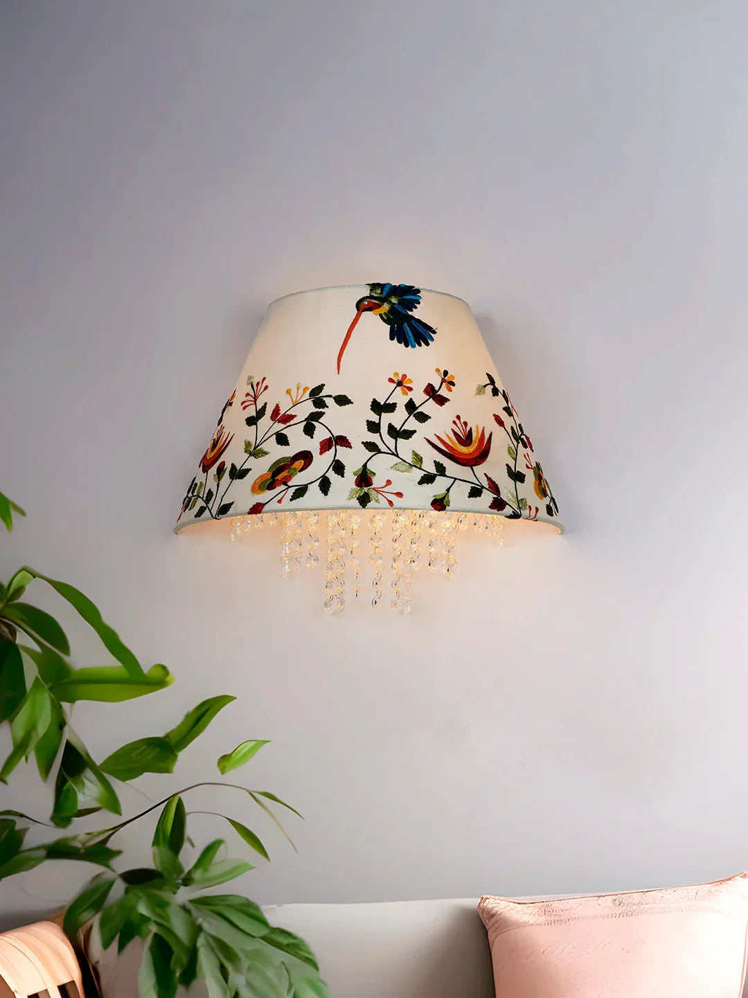 Contemporary Embroidered Hummingbird Wall Lamp with Crystal Accents