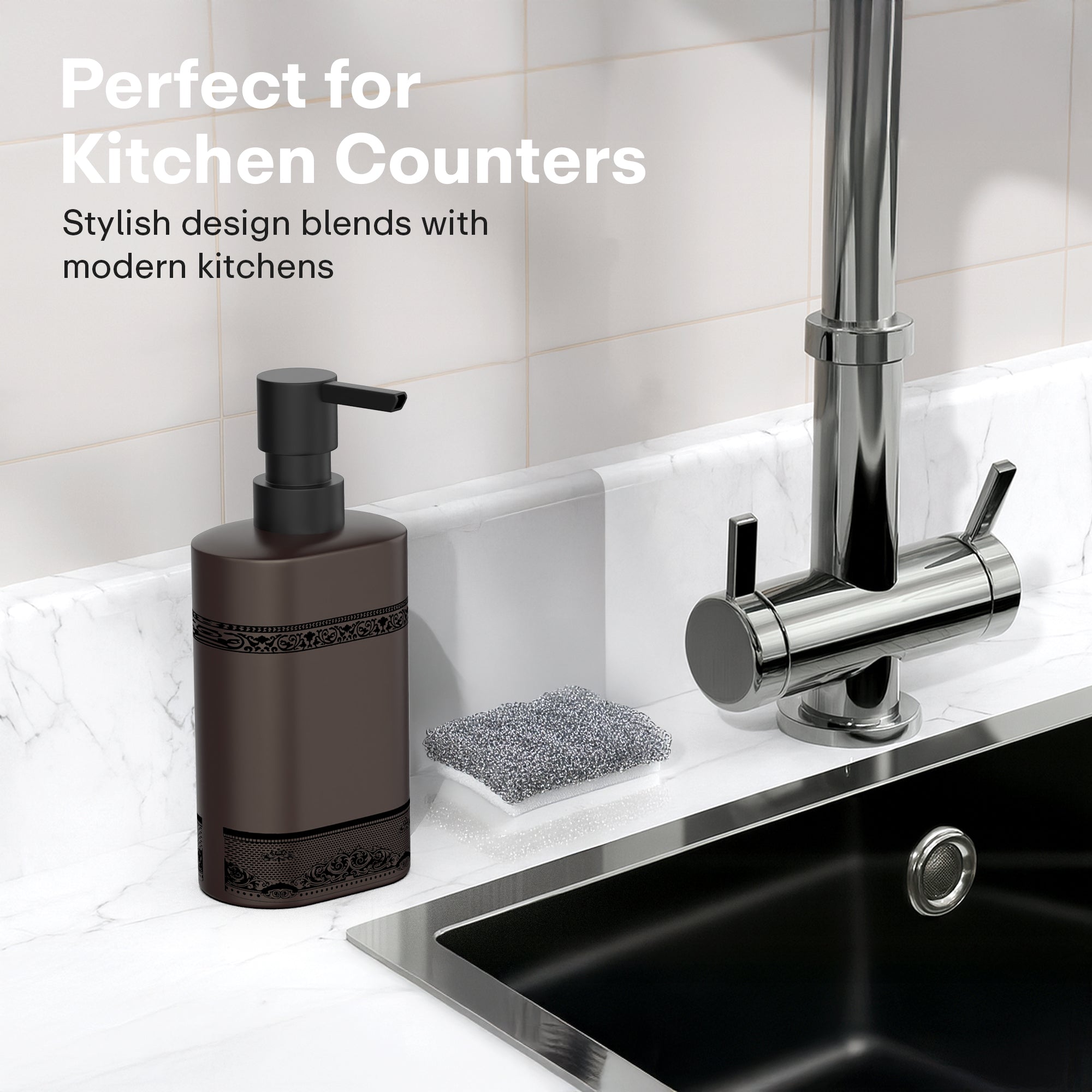 Rioware Outdoor Living Ceramic Liquid Soap Dispenser, 300ml, Multipurpose Refillable for Hand Wash, Dish Wash, Shampoo, Kitchen, Bathroom, and Household Use Pack of 1, Grey with Matte Black Accents