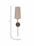 Savoy Long Arm Antique Gold Wall Sconce with Beige Fabric Shade.