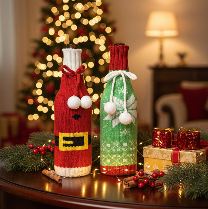 Woolen Christmas Wine Covers – Santa, Snowflake & Reindeer Design-Red Green