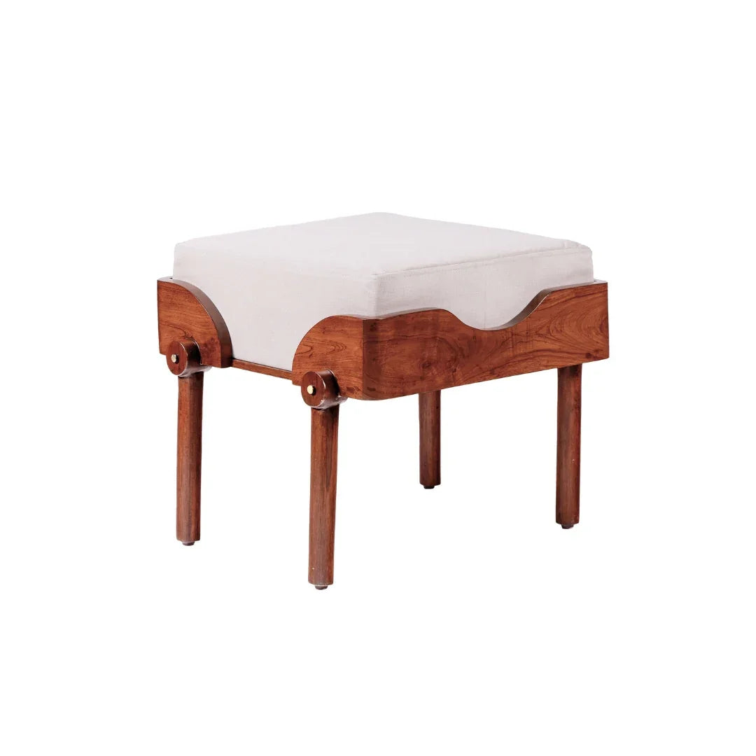 Shade Teak Wood Ottoman with Brass Accents | Luxury Upholstered Footstool for Home