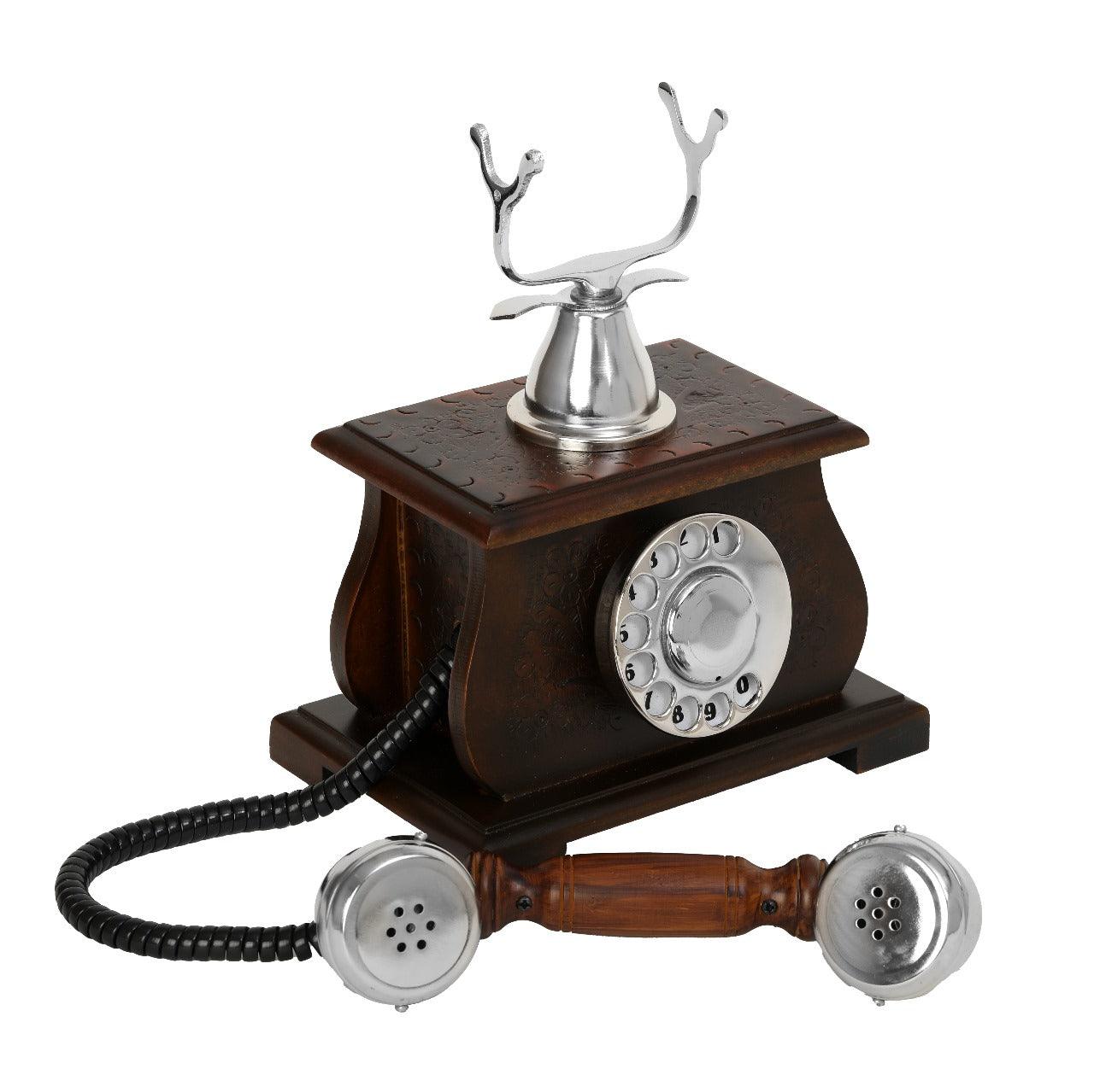 Handcrafted Unique Elegant Royal Brass and Wood Antique Phone Replica