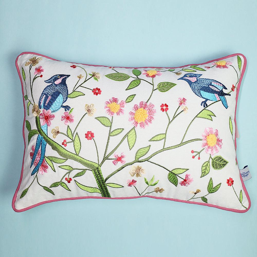 Vintage Birdie Bloom Sofa Cushion Cover | Hand Embroidered Cotton Cushion Cover - 1Pc
