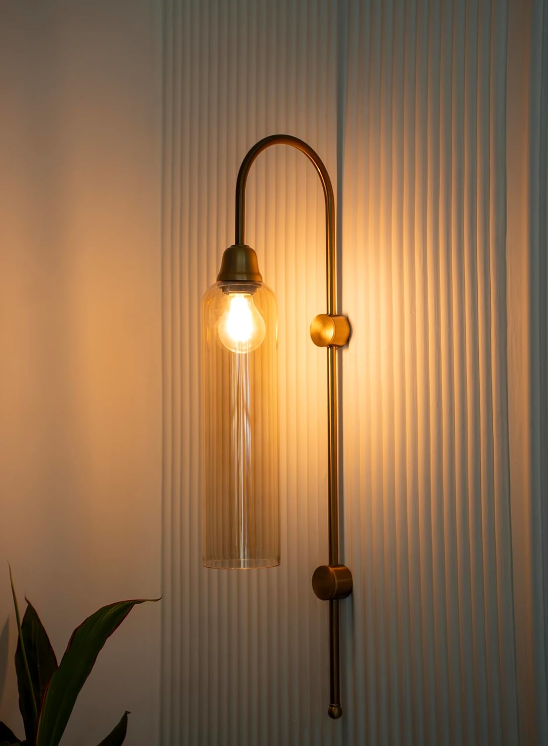 Modern Wall Lamp Antique Brass Finish with Golden Luster Long Glass for Bedside, Living Room, Bedroom, Home Decoration, Restaurant