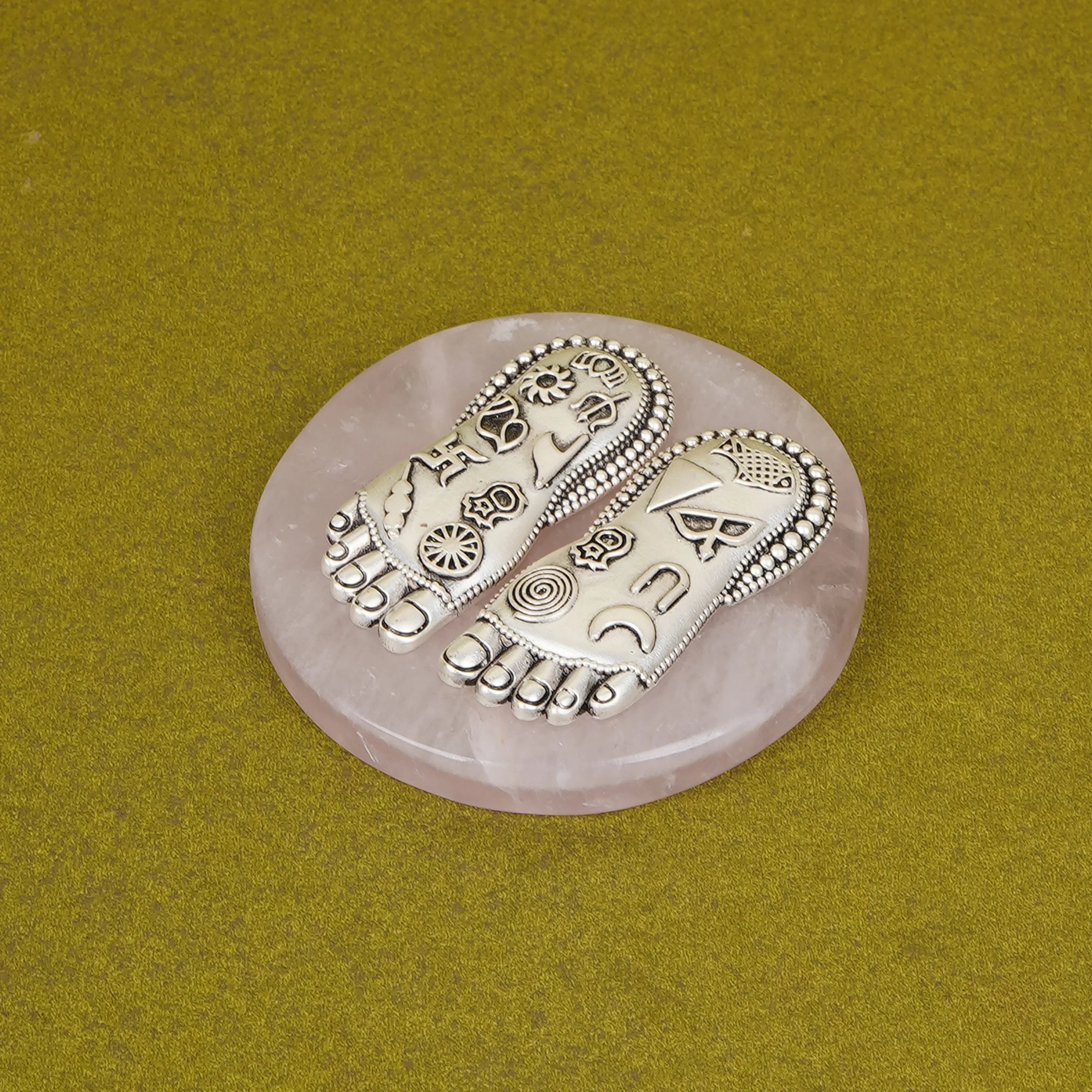 Silver Plated Brass Lakshmi Charan | Sacred Goddess Feet With Ashtamangala Symbols On Rose Quartz
