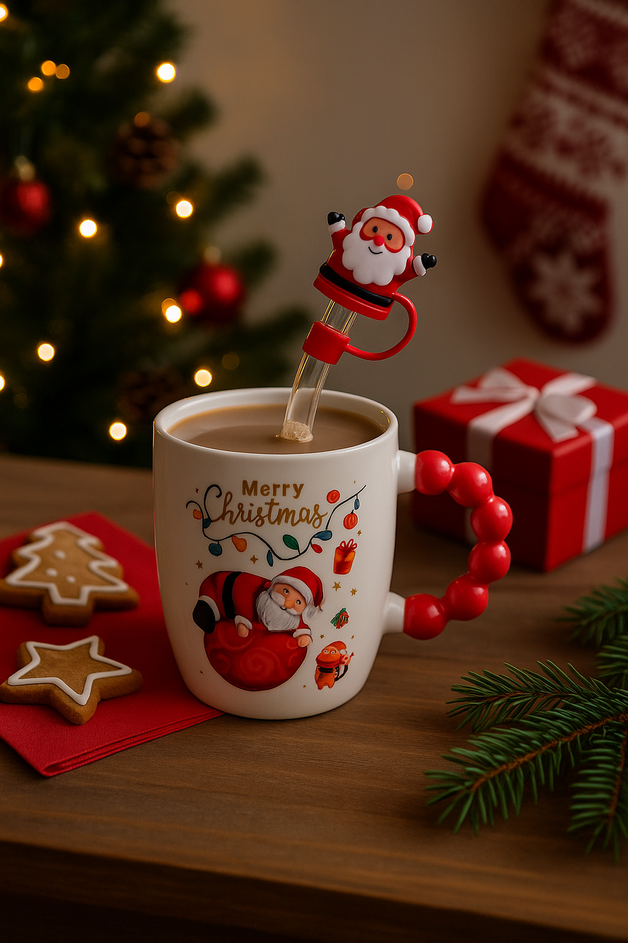 Festive “Merry Christmas” Santa Mug with Straw & Lid Set