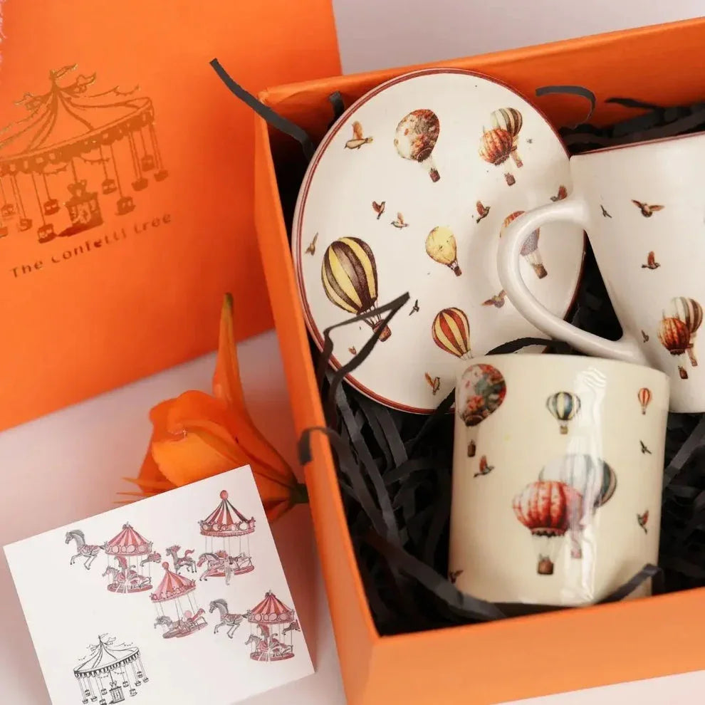Hot Air Balloon Ceramic Mug & Plate Gift Set — Handcrafted Stoneware Cups in Luxury Gift Box