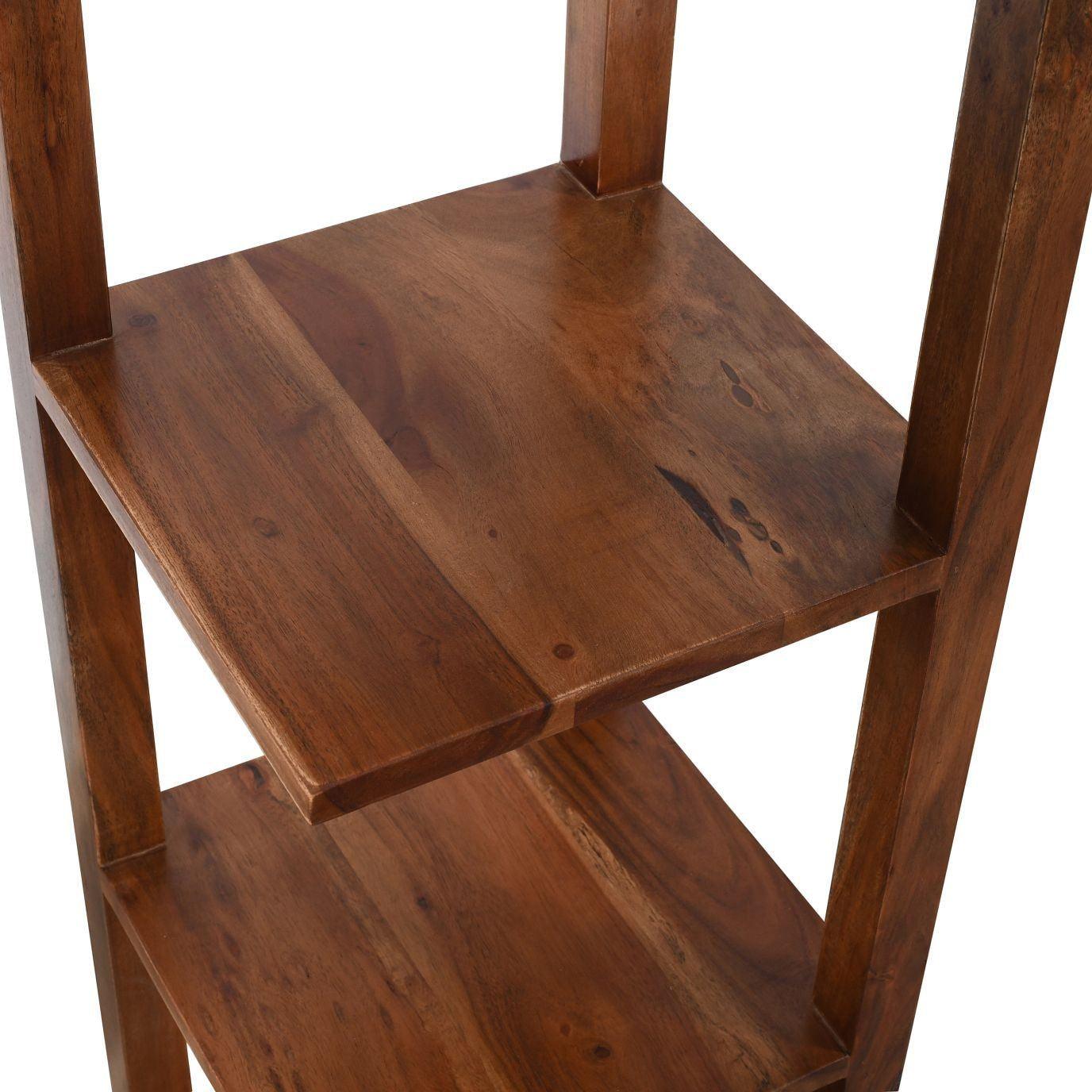 Honey Brown Wooden Corner Bookshelf | Acacia Wood Shelf for Living Room & Bedroom