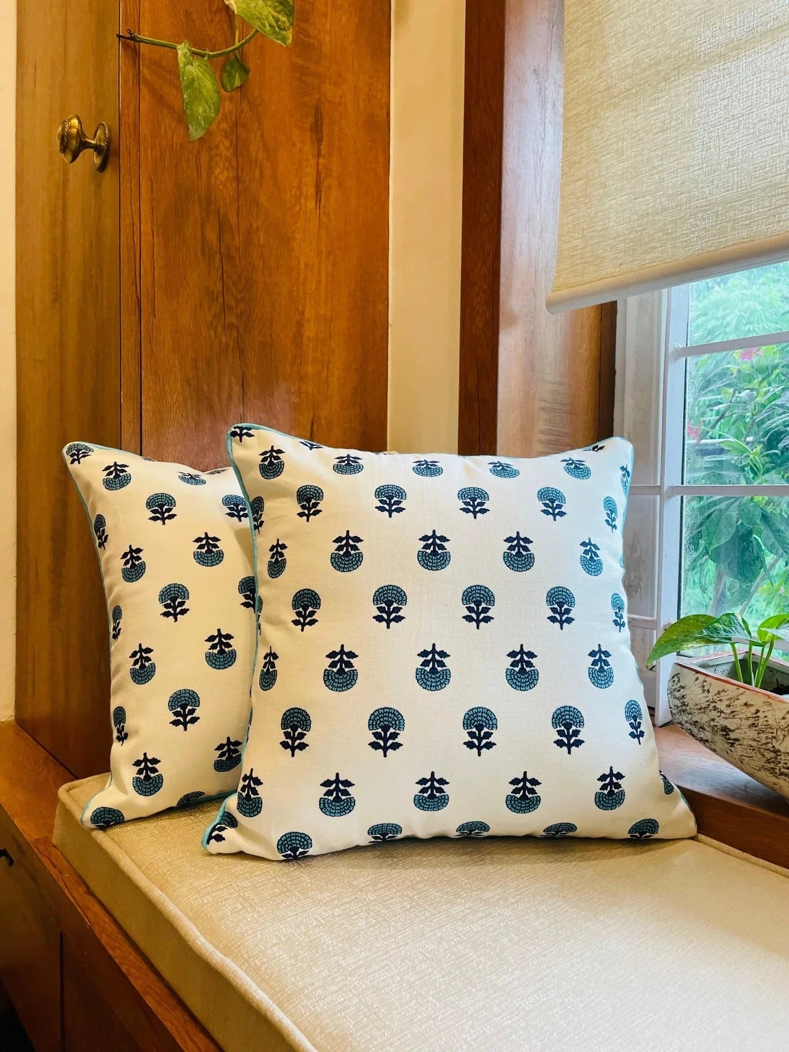 Turquoise Handblock Printed Cotton Cushion Covers - Set of 2
