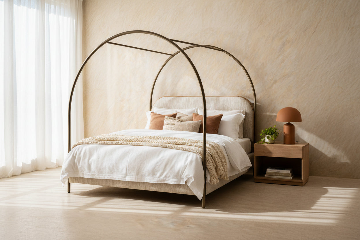 Solace Canopy Bed | Acacia Wood and Upholstery