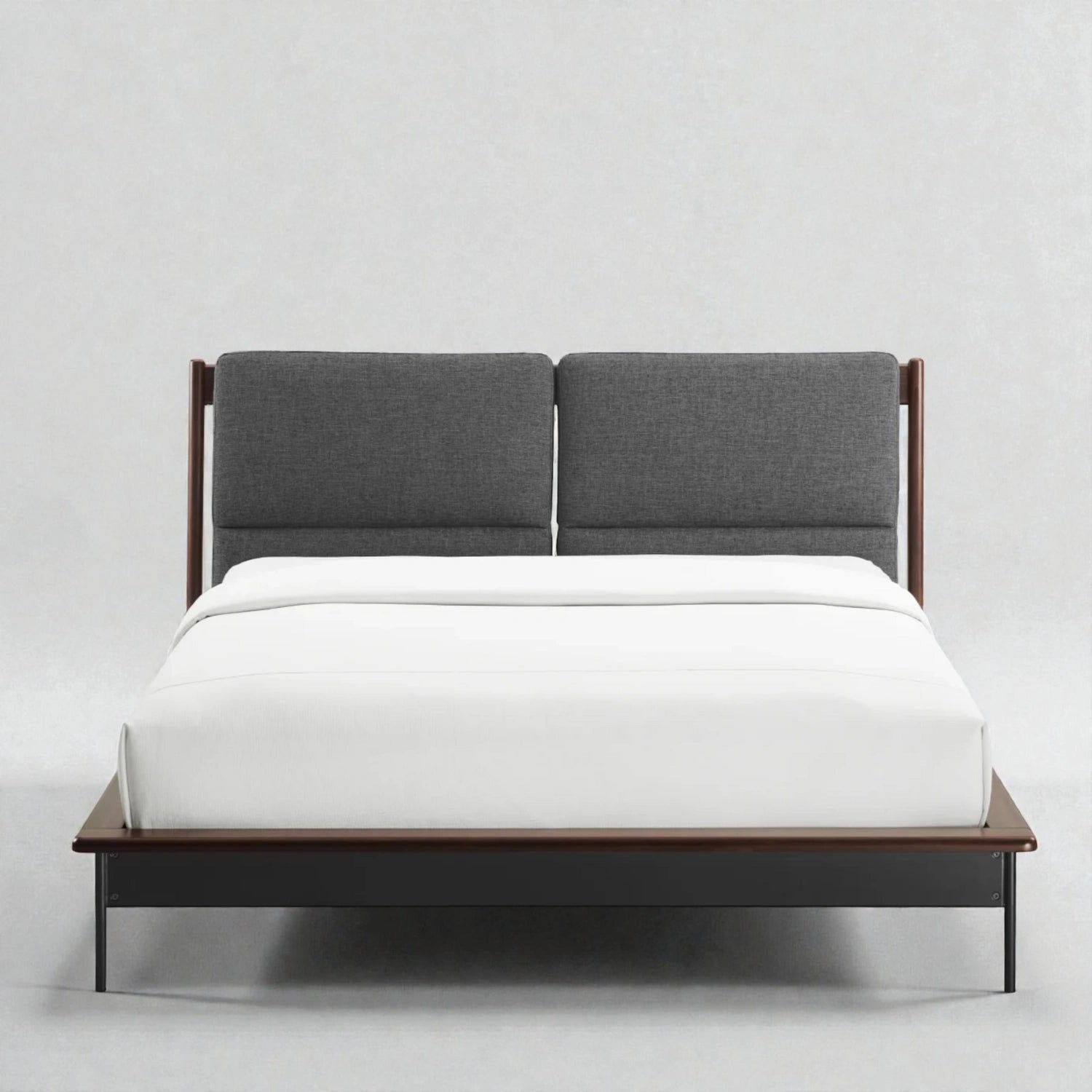 Bonny Solid Teak Wood, Fabric Upholstery And Black Metal Finish King Size Bed