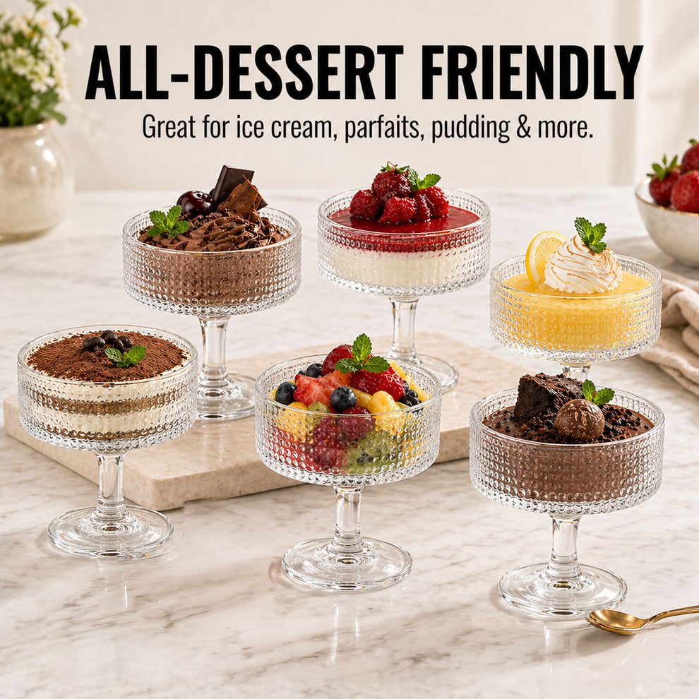 Glass Ice Cream Cups Set of 6 (185ml Each) | Premium Textured Dessert Bowls for Sundae, Pudding & Sweets | Food-Safe, Durable & Scratch-Resistant | Elegant Transparent Stem Design