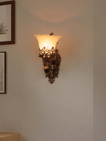 Antique Copper Finish Classic Single Light Aluminium Wall Lamp With Adorned Translucent Glass Shades