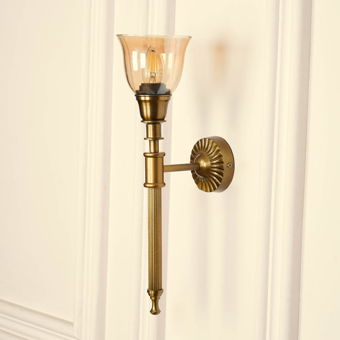 Brass Antique Finish Corrugated Wall Lamp with Cup Glass Golden Luster Shade