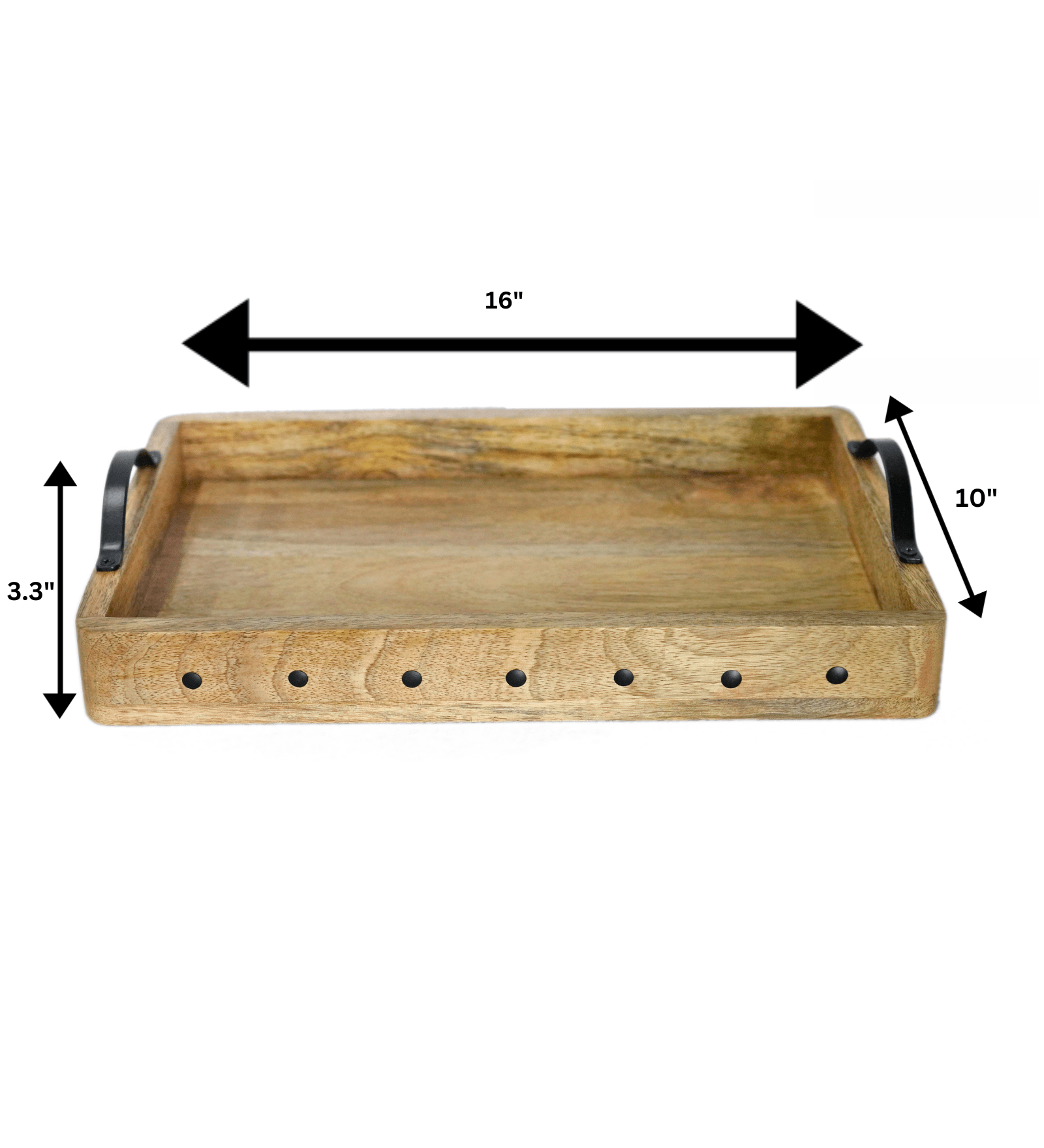 Mango Wood Medium Rectangular Wooden Serving Tray with Metal Handles - Decorative Breakfast Tray - Handcrafted Natural Wood