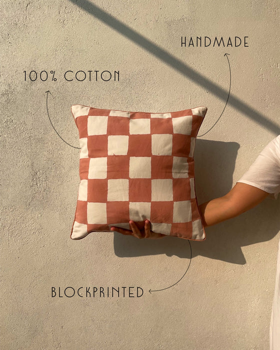 Checkered Block Printed Cotton Cushion Cover