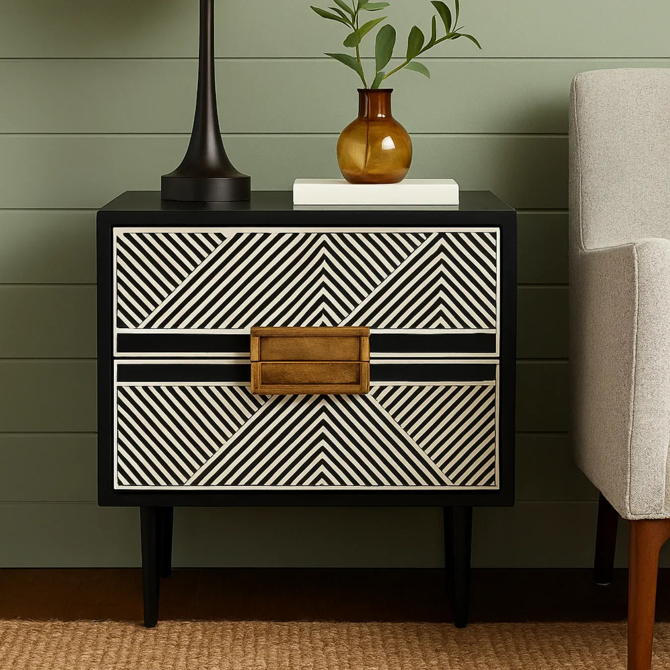 Inlay Tribal Bedside Table with Legs - Chevron