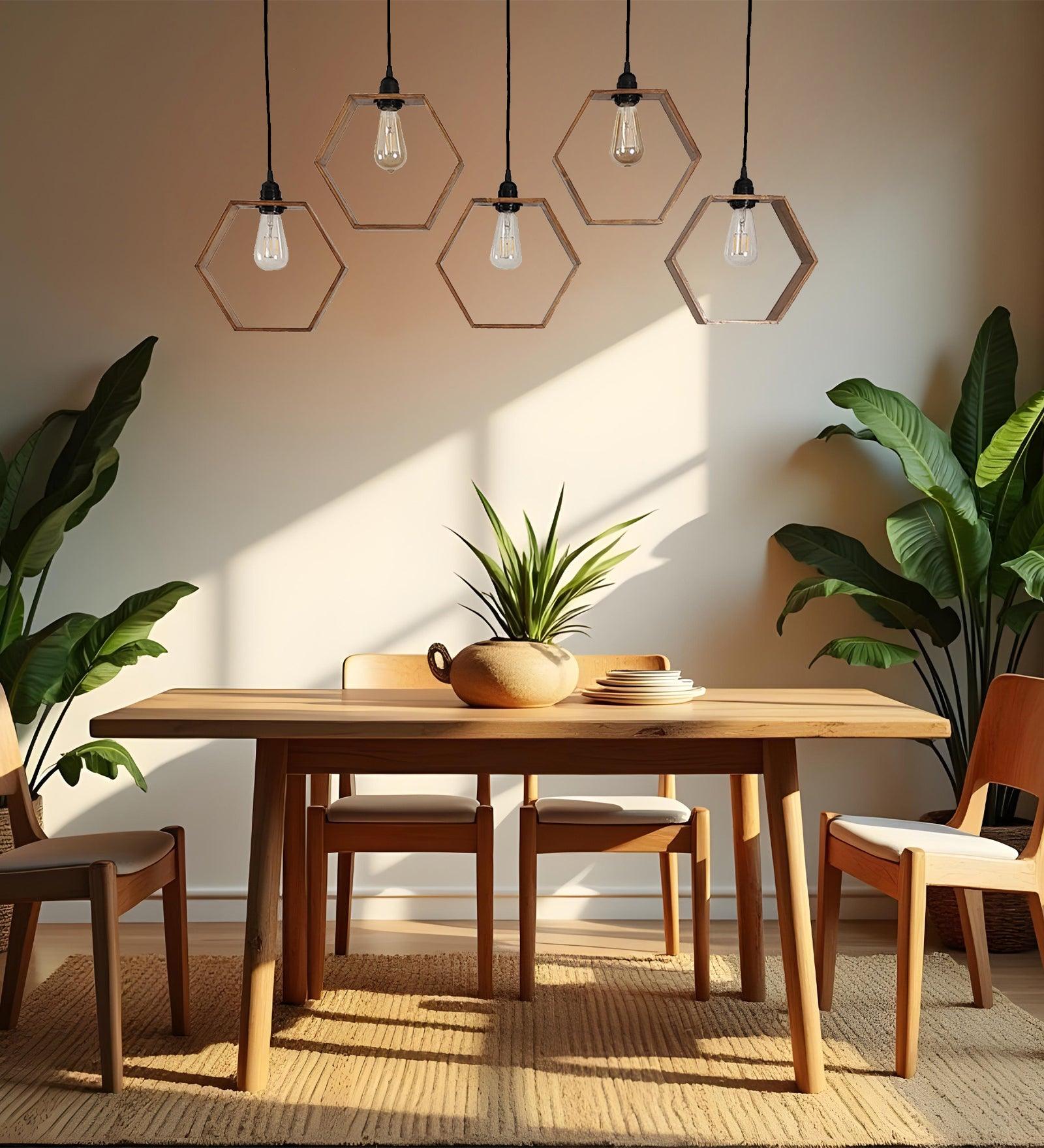 Hexagram Brown Wooden 5 Series Hanging Lamp