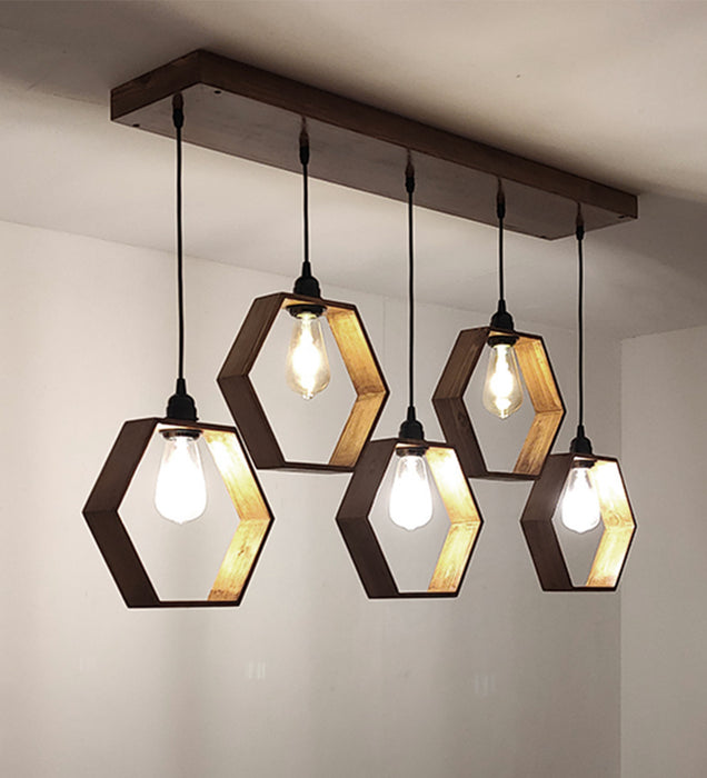 Hexagram Brown Wooden 5 Series Hanging Lamp