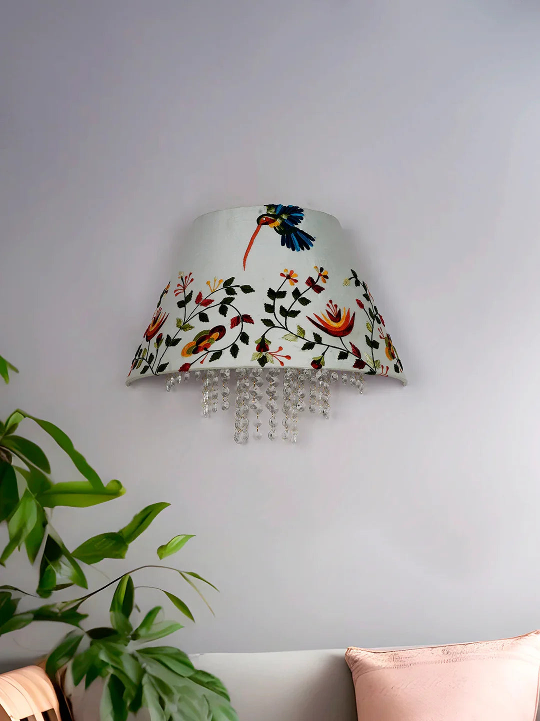 Contemporary Embroidered Hummingbird Wall Lamp with Crystal Accents