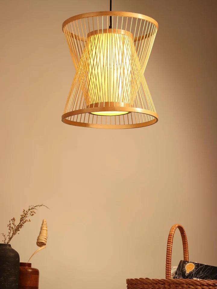 Bamboo Hanging Lamp with Ceramic Base | Cane/Rattan Hanging Light for Living Room, Bedroom & Café Décor