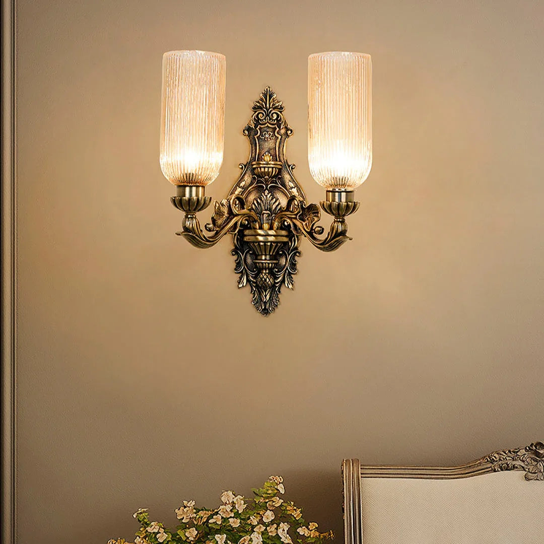 Antique Brass Cast Aluminium Ornate Wall Sconce with Golden Fluted Glass Shades