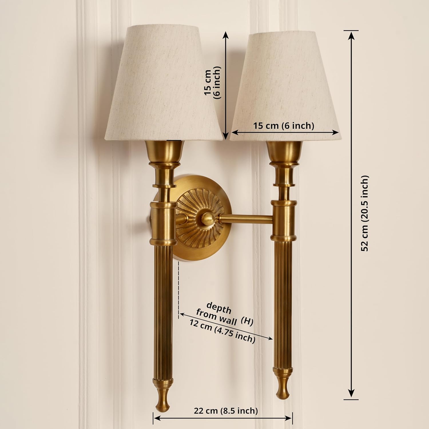 Double Corrugated Wall Lamp Antique Brass Finish with Off White Shade for Living Room, Bedroom, Home Decoration Wall Light