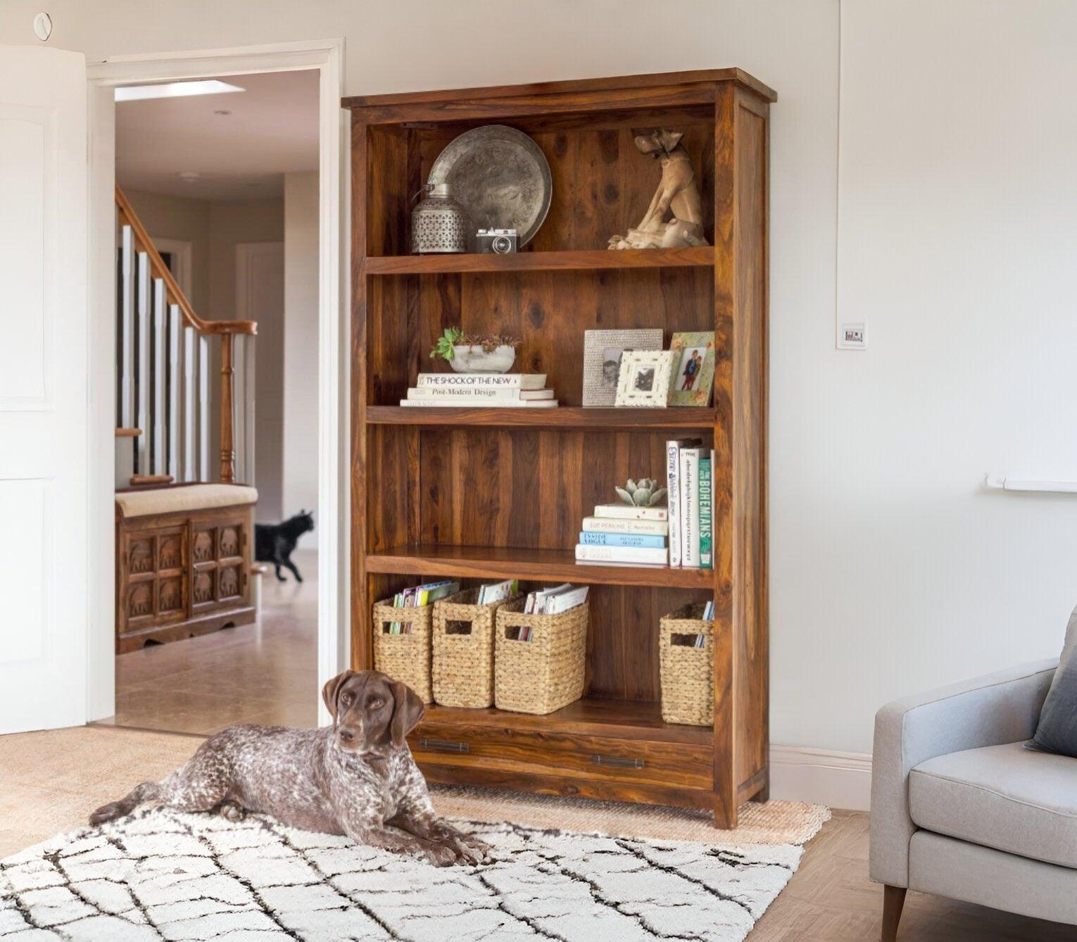 Solid Sheesham Wood Bookshelf Large With Two Drawer Full Size