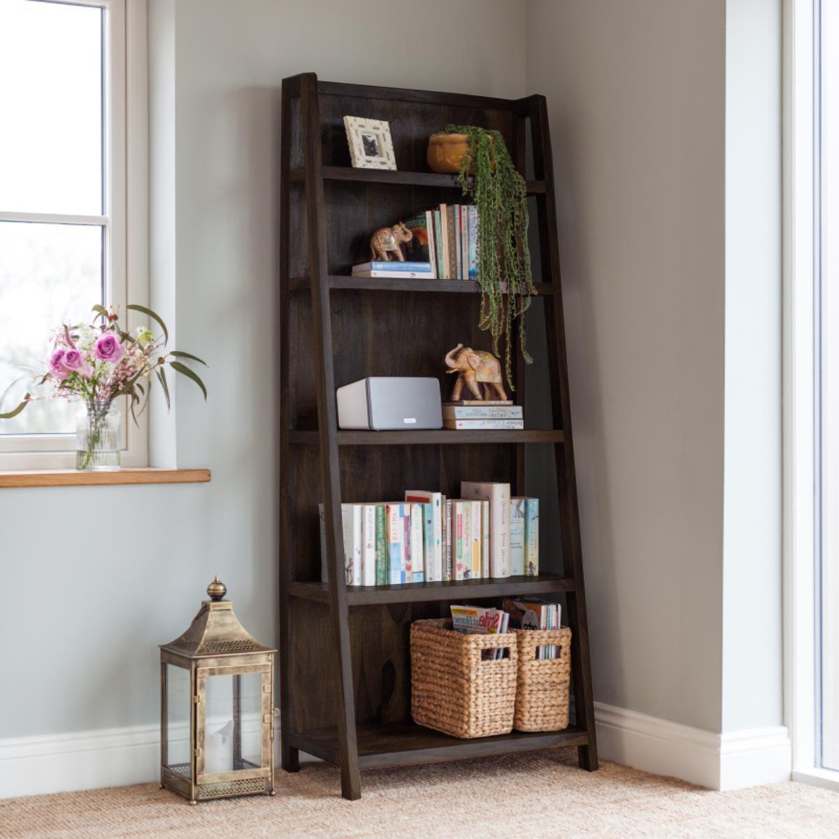 Solid Sheesham Wood Ladder Bookshelf | Rustic Vertical Book Rack | Large 5-Tier Wooden Storage Shelf for Living Room & Study