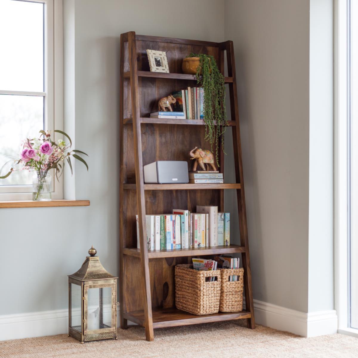Solid Sheesham Wood Ladder Bookshelf | Rustic Vertical Book Rack | Large 5-Tier Wooden Storage Shelf for Living Room & Study