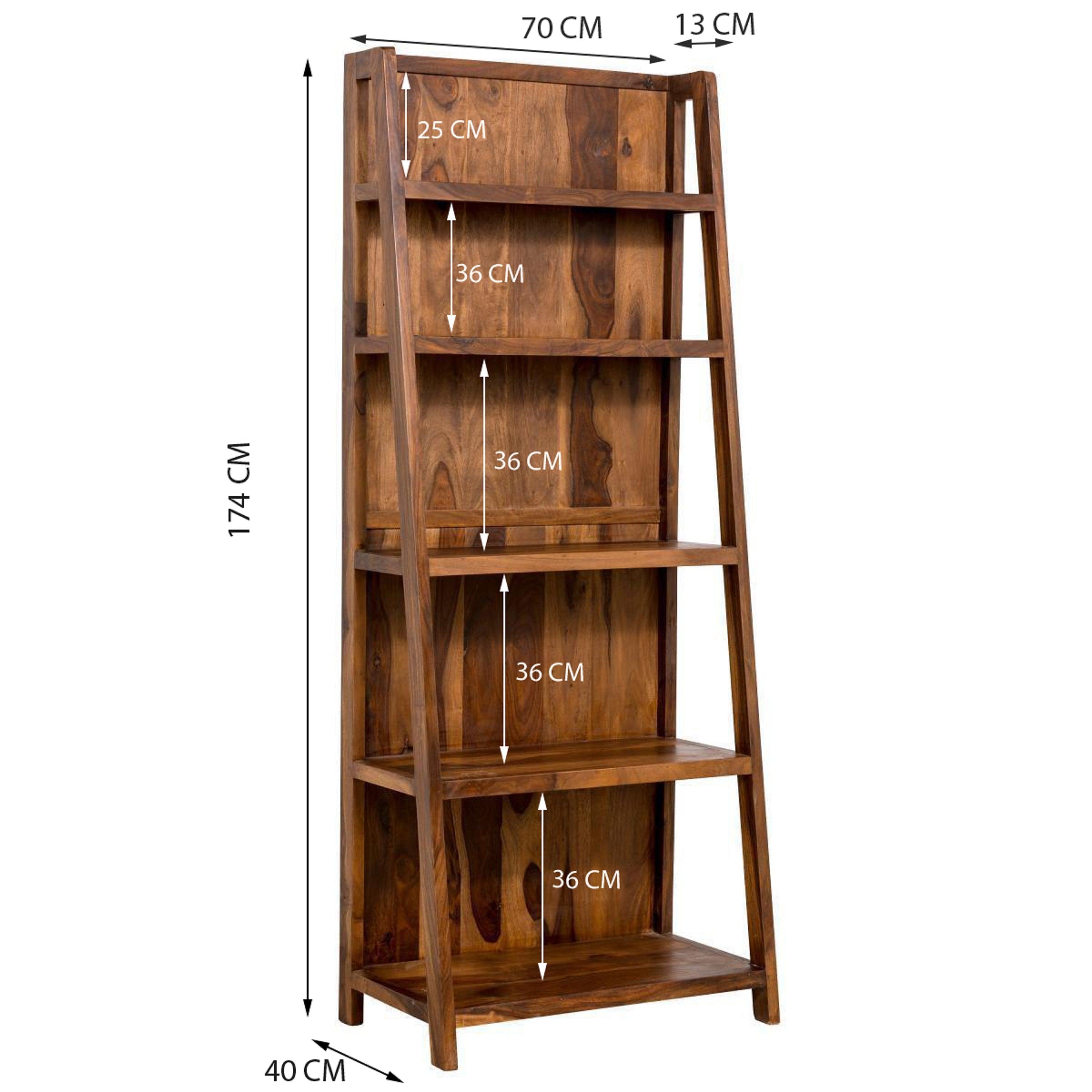Solid Sheesham Wood Ladder Bookshelf | Rustic Vertical Book Rack | Large 5-Tier Wooden Storage Shelf for Living Room & Study