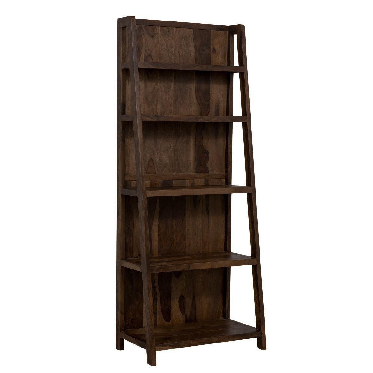 Solid Sheesham Wood Ladder Bookshelf | Rustic Vertical Book Rack | Large 5-Tier Wooden Storage Shelf for Living Room & Study