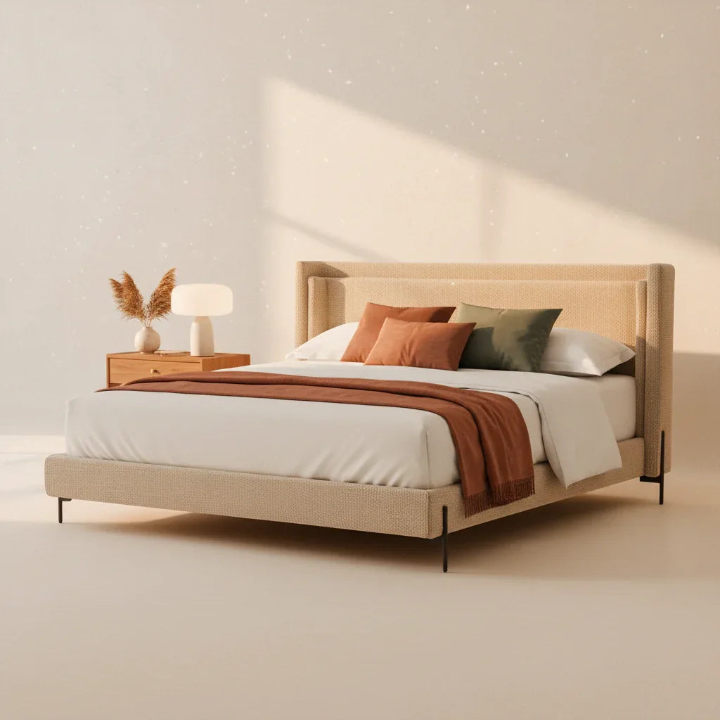 Debo Fabric Upholstery And Black Finished Metal Legs King Size Bed
