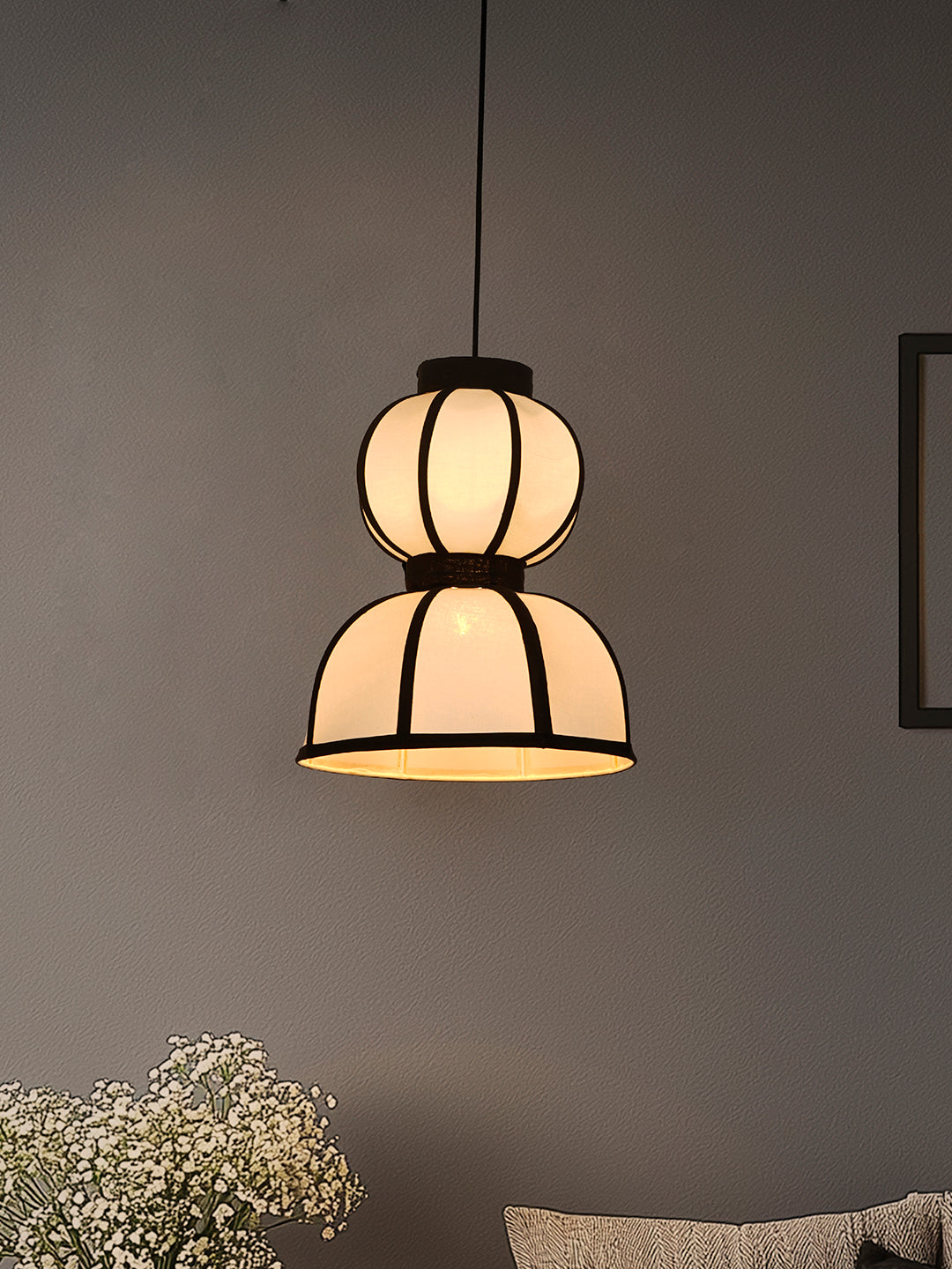 12-Inch Japandi Double Bowl Fabric
  Pendant | Zen Asian Style White Lantern with Black Structural Ribbing