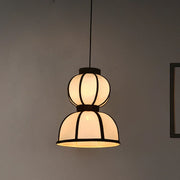 12-Inch Japandi Double Bowl Fabric   Pendant | Zen Asian Style White Lantern with Black Structural Ribbing