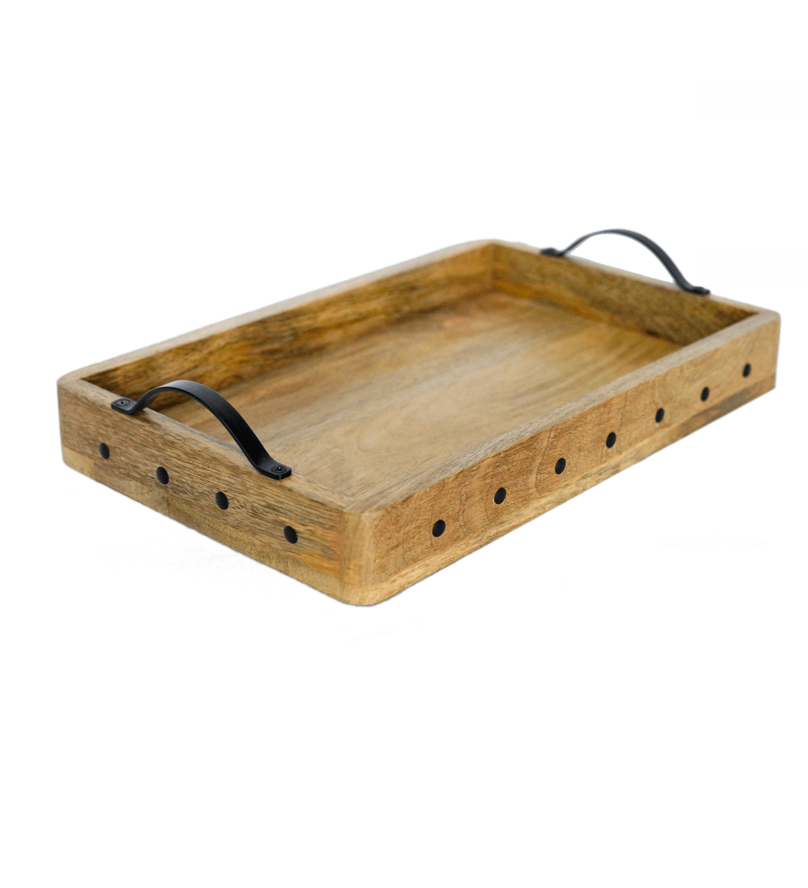 Mango Wood Medium Rectangular Wooden Serving Tray with Metal Handles - Decorative Breakfast Tray - Handcrafted Natural Wood