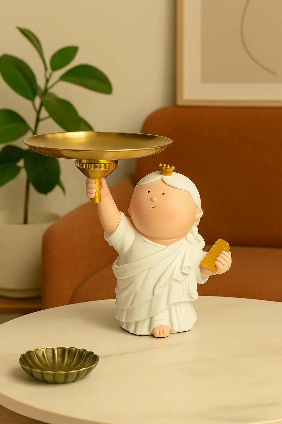 Resin Table Decor Statue with Golden Tray | Cute Lady Holding Plate Figurine