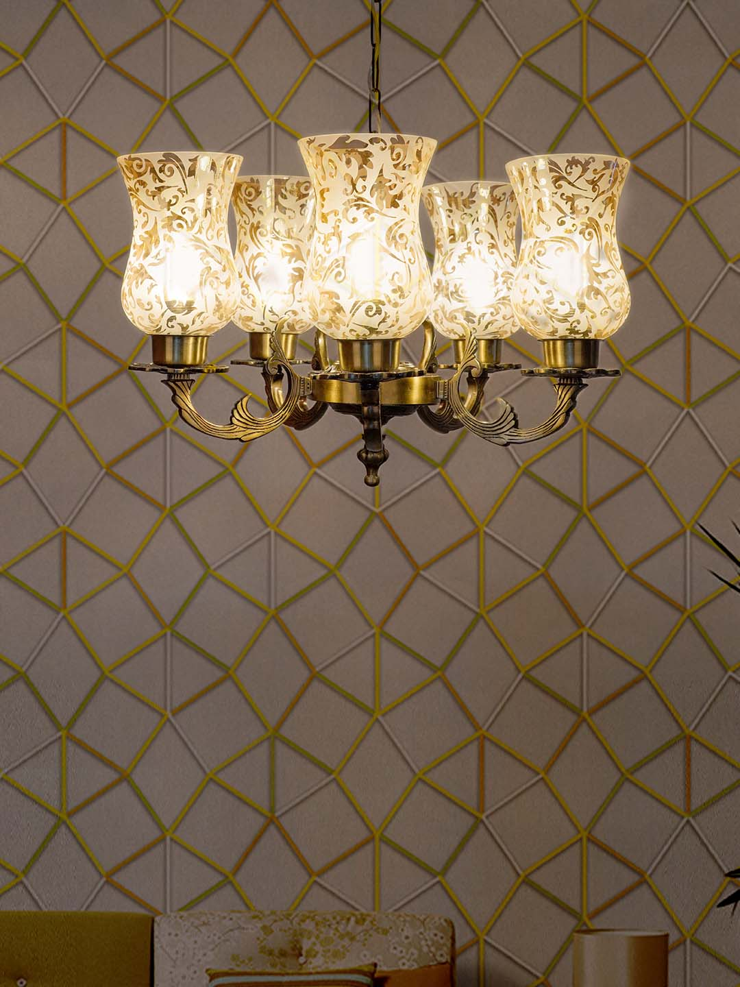 Antique Aluminium 5 Light Lustre Etched Glass Ceiling Hanging