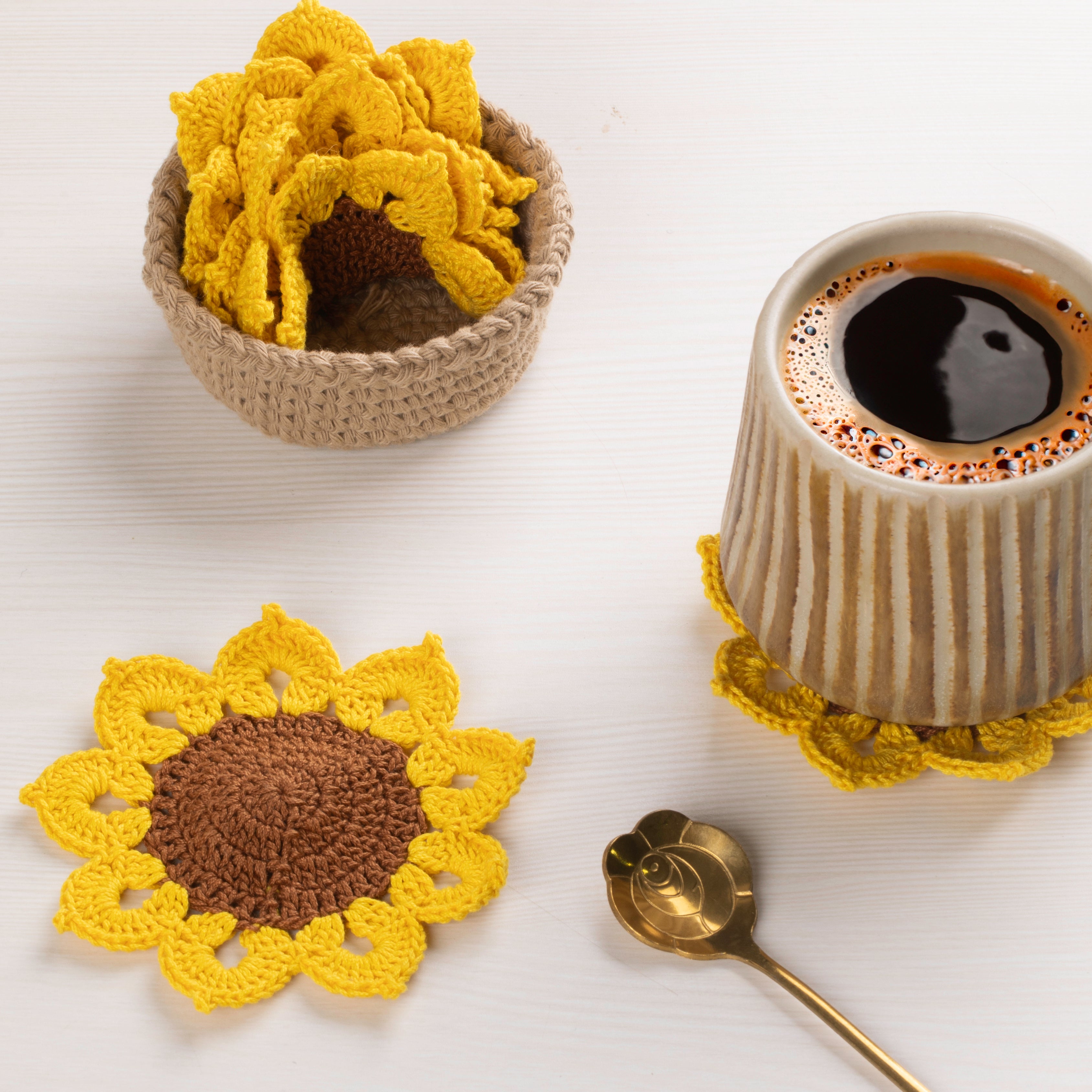 Crochet Sunflower Coasters - Mustard / 4" diameter / Set of 5