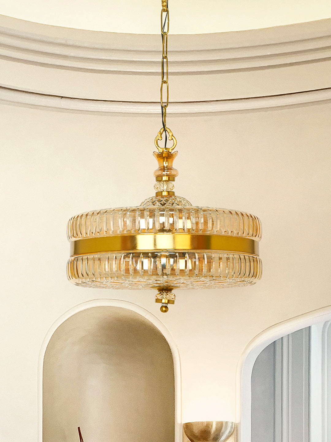 16-Inch Gold Round Hand-Cut Glass Hanging
  Light | Transitional 4-Light Brass Pendant with Golden Luster Finish