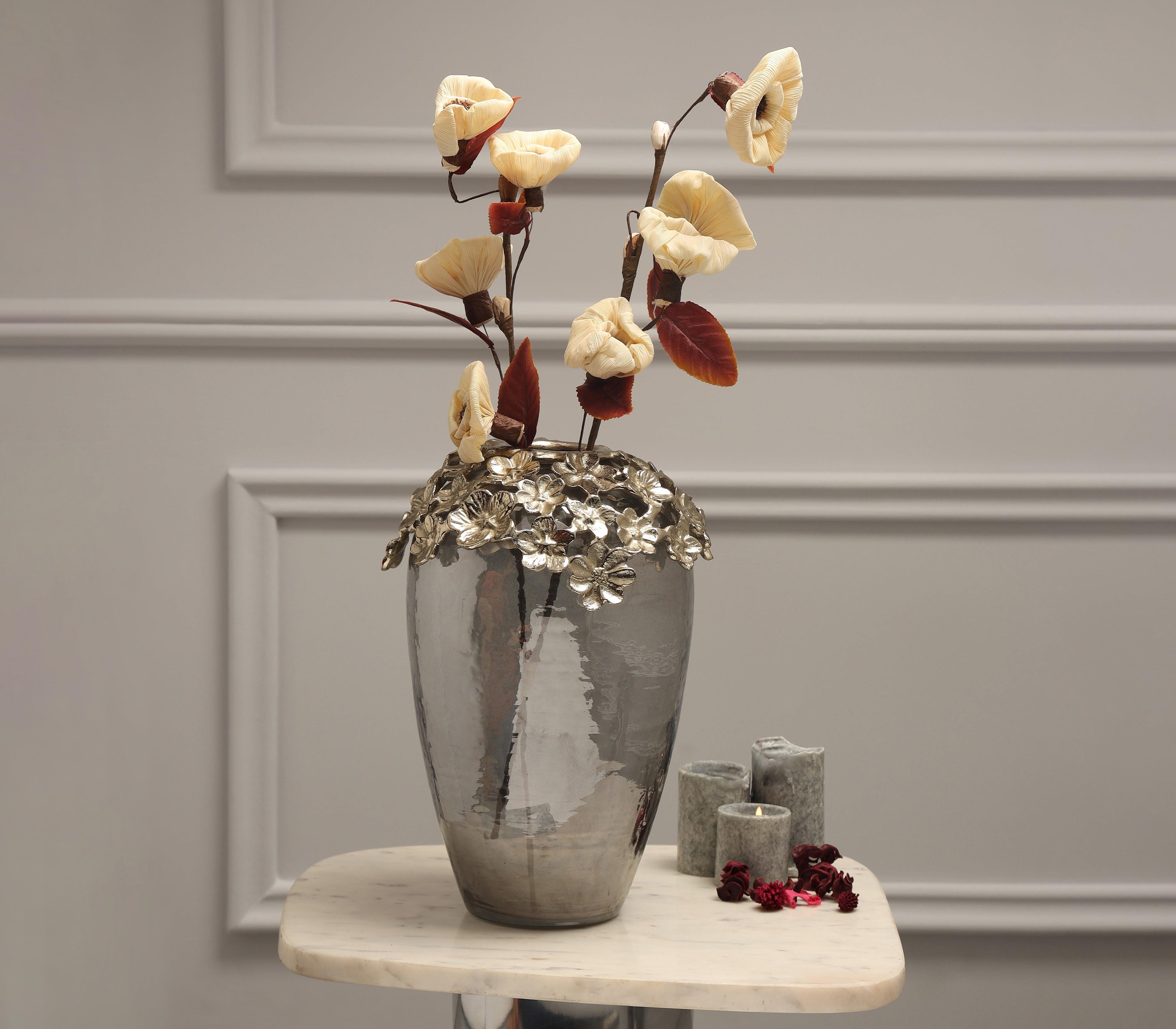 Blossom Vase | Gold Finished with Textutred Black Luster Glass