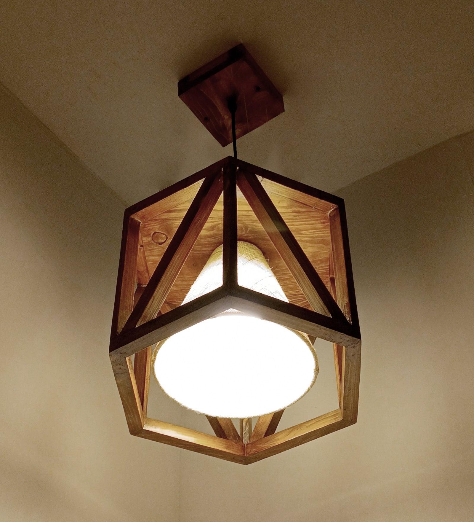 Symmetric Hexa Brown Wooden Single Hanging Lamp
