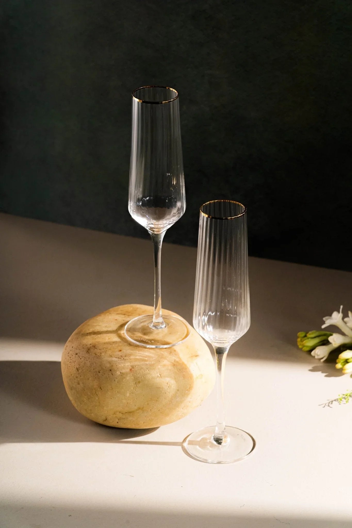 Clear Ribbed Champagne Glasses with Golden Rim Set of 6