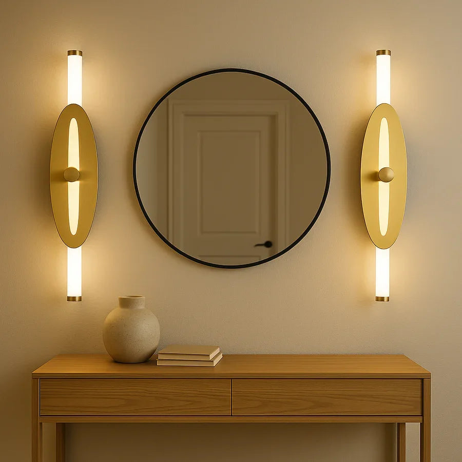 Modern Designer Wall Light – Gold Finish, Dual Tube LED with Oval Panel